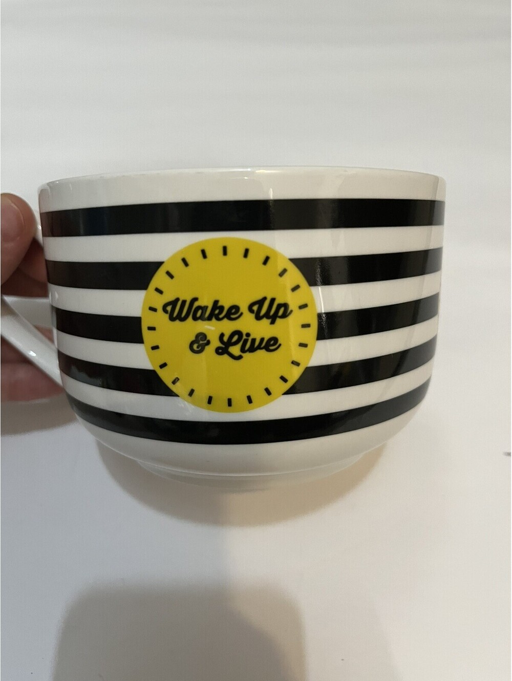 Large striped Soup Or Coffee Mug “ wake up and live “ cup￼